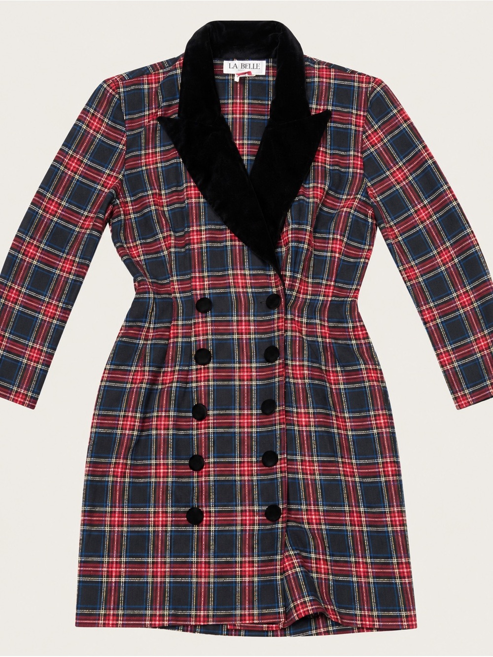 Vintage La Belle Red & Navy Plaid Double-Breasted Dress with Black Velvet Collar